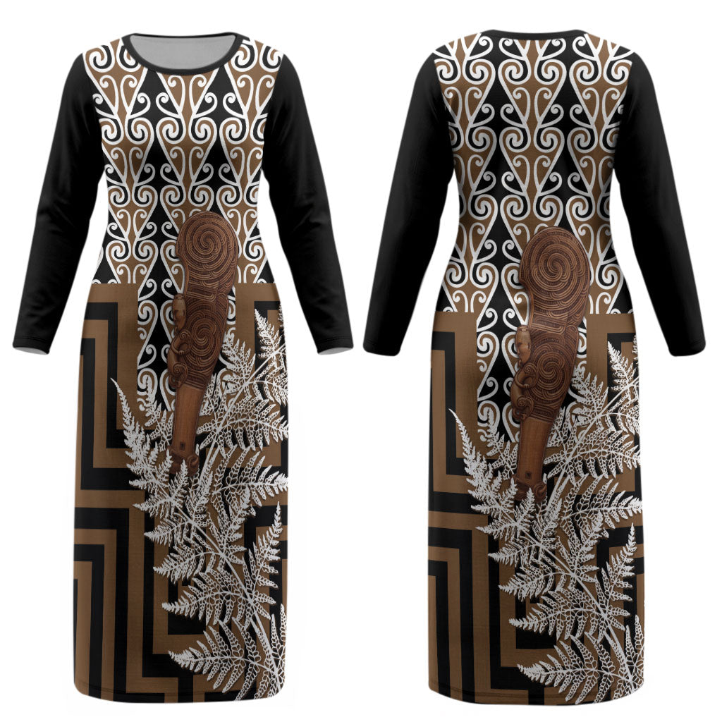 Wahaika New Zealand Couples Matching Long Sleeve Bodycon Dress and Long Sleeve Button Shirt Maori Weapon Kowhaiwhai Fern Poutama Motifs LT14