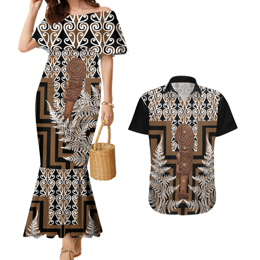 Wahaika New Zealand Couples Matching Mermaid Dress and Hawaiian Shirt Maori Weapon Kowhaiwhai Fern Poutama Motifs