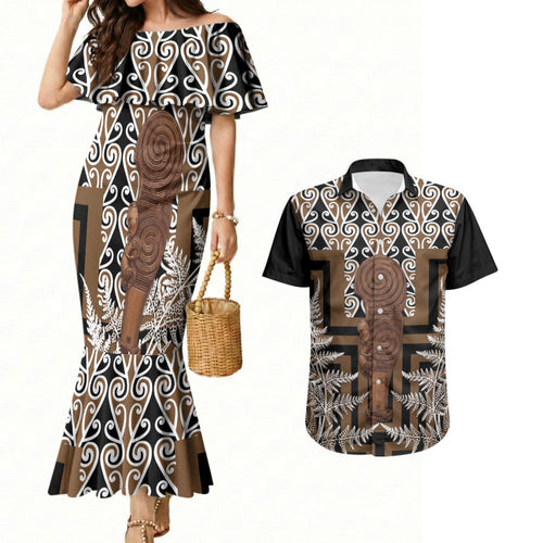 Wahaika New Zealand Couples Matching Mermaid Dress and Hawaiian Shirt Maori Weapon Kowhaiwhai Fern Poutama Motifs