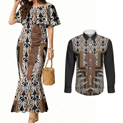 Wahaika New Zealand Couples Matching Mermaid Dress and Long Sleeve Button Shirt Maori Weapon Kowhaiwhai Fern Poutama Motifs