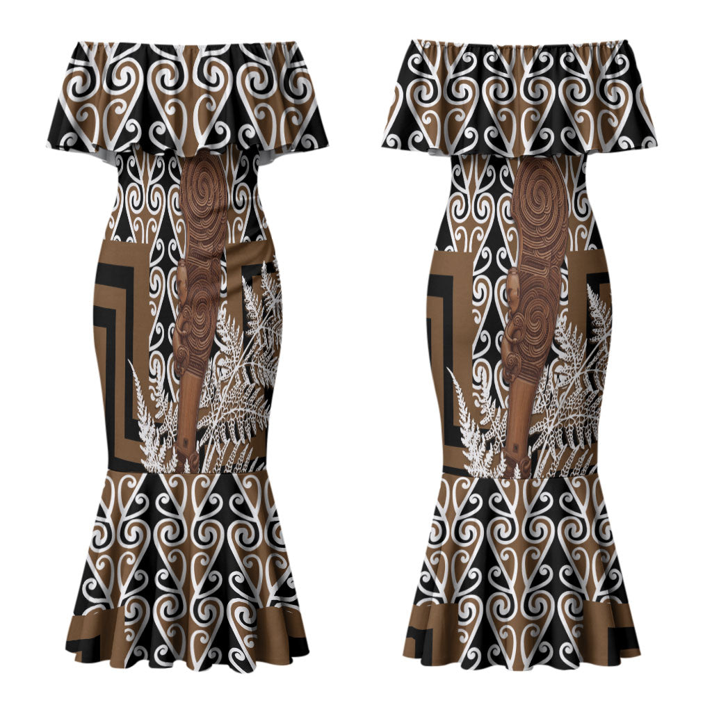 Wahaika New Zealand Couples Matching Mermaid Dress and Long Sleeve Button Shirt Maori Weapon Kowhaiwhai Fern Poutama Motifs LT14