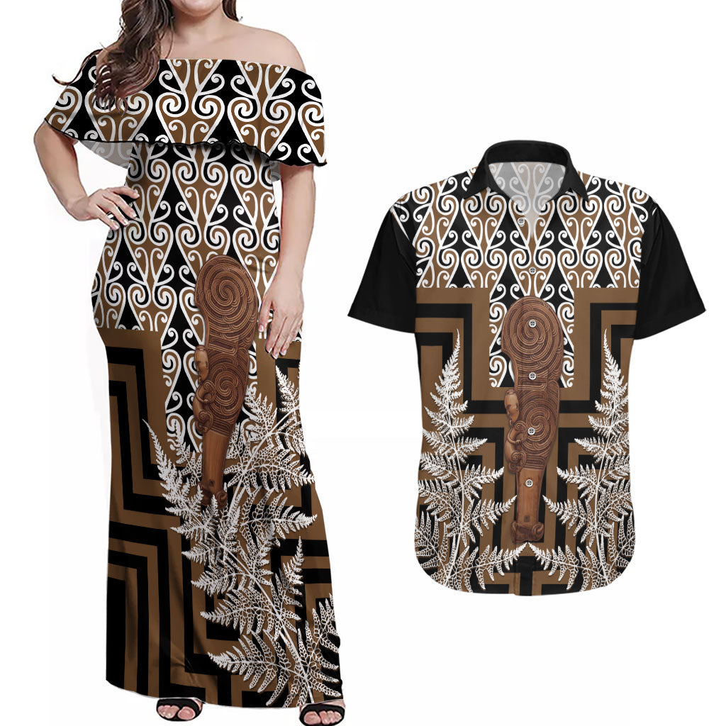 Wahaika New Zealand Couples Matching Off Shoulder Maxi Dress and Hawaiian Shirt Maori Weapon Kowhaiwhai Fern Poutama Motifs