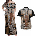 Wahaika New Zealand Couples Matching Off Shoulder Maxi Dress and Hawaiian Shirt Maori Weapon Kowhaiwhai Fern Poutama Motifs