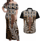 Wahaika New Zealand Couples Matching Off Shoulder Maxi Dress and Hawaiian Shirt Maori Weapon Kowhaiwhai Fern Poutama Motifs