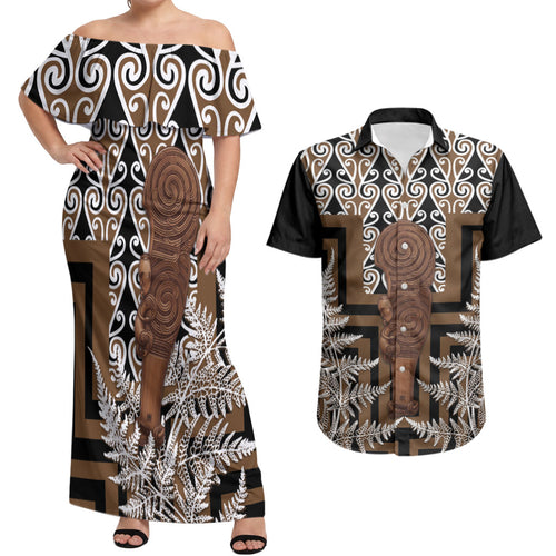 Wahaika New Zealand Couples Matching Off Shoulder Maxi Dress and Hawaiian Shirt Maori Weapon Kowhaiwhai Fern Poutama Motifs