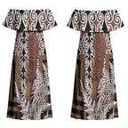 Wahaika New Zealand Couples Matching Off Shoulder Maxi Dress and Hawaiian Shirt Maori Weapon Kowhaiwhai Fern Poutama Motifs LT14