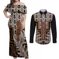 Wahaika New Zealand Couples Matching Off Shoulder Maxi Dress and Long Sleeve Button Shirt Maori Weapon Kowhaiwhai Fern Poutama Motifs