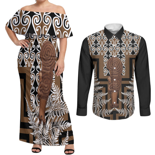 Wahaika New Zealand Couples Matching Off Shoulder Maxi Dress and Long Sleeve Button Shirt Maori Weapon Kowhaiwhai Fern Poutama Motifs