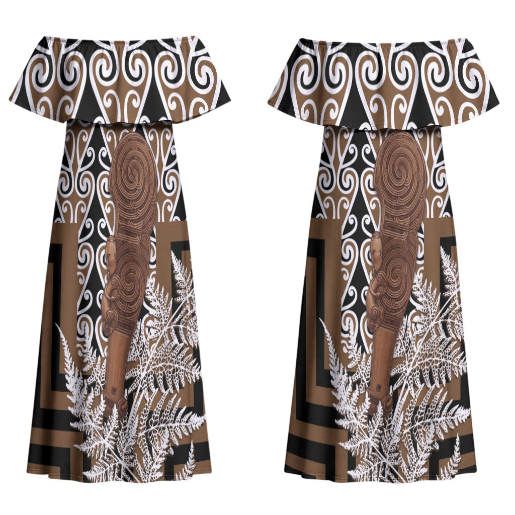 Wahaika New Zealand Couples Matching Off Shoulder Maxi Dress and Long Sleeve Button Shirt Maori Weapon Kowhaiwhai Fern Poutama Motifs LT14