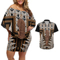Wahaika New Zealand Couples Matching Off Shoulder Short Dress and Hawaiian Shirt Maori Weapon Kowhaiwhai Fern Poutama Motifs