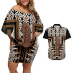 Wahaika New Zealand Couples Matching Off Shoulder Short Dress and Hawaiian Shirt Maori Weapon Kowhaiwhai Fern Poutama Motifs