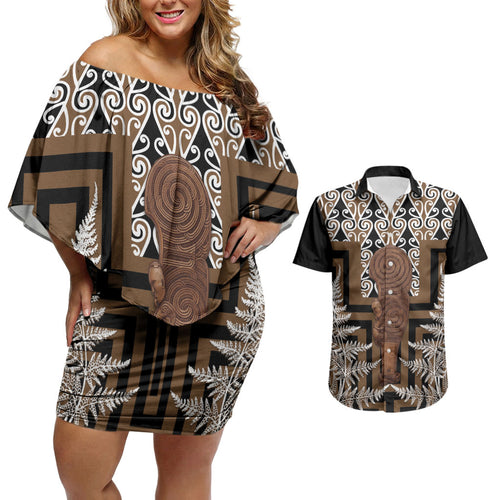 Wahaika New Zealand Couples Matching Off Shoulder Short Dress and Hawaiian Shirt Maori Weapon Kowhaiwhai Fern Poutama Motifs