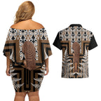 Wahaika New Zealand Couples Matching Off Shoulder Short Dress and Hawaiian Shirt Maori Weapon Kowhaiwhai Fern Poutama Motifs