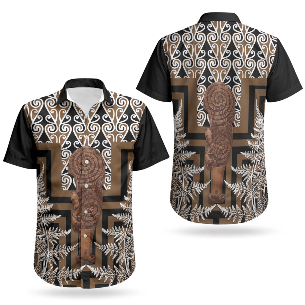 Wahaika New Zealand Couples Matching Off Shoulder Short Dress and Hawaiian Shirt Maori Weapon Kowhaiwhai Fern Poutama Motifs LT14