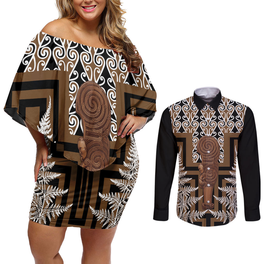 Wahaika New Zealand Couples Matching Off Shoulder Short Dress and Long Sleeve Button Shirt Maori Weapon Kowhaiwhai Fern Poutama Motifs