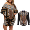 Wahaika New Zealand Couples Matching Off Shoulder Short Dress and Long Sleeve Button Shirt Maori Weapon Kowhaiwhai Fern Poutama Motifs