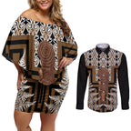 Wahaika New Zealand Couples Matching Off Shoulder Short Dress and Long Sleeve Button Shirt Maori Weapon Kowhaiwhai Fern Poutama Motifs