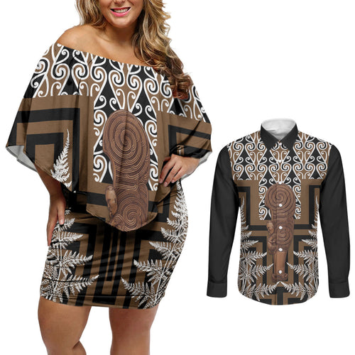Wahaika New Zealand Couples Matching Off Shoulder Short Dress and Long Sleeve Button Shirt Maori Weapon Kowhaiwhai Fern Poutama Motifs
