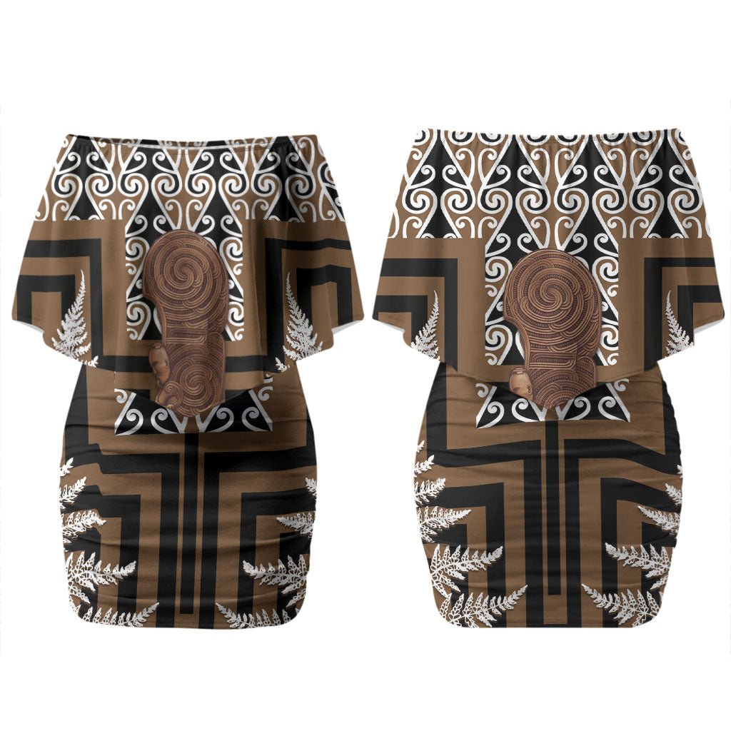 Wahaika New Zealand Couples Matching Off Shoulder Short Dress and Long Sleeve Button Shirt Maori Weapon Kowhaiwhai Fern Poutama Motifs LT14