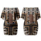 Wahaika New Zealand Couples Matching Off Shoulder Short Dress and Long Sleeve Button Shirt Maori Weapon Kowhaiwhai Fern Poutama Motifs LT14