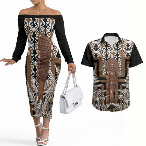 Wahaika New Zealand Couples Matching Off The Shoulder Long Sleeve Dress and Hawaiian Shirt Maori Weapon Kowhaiwhai Fern Poutama Motifs