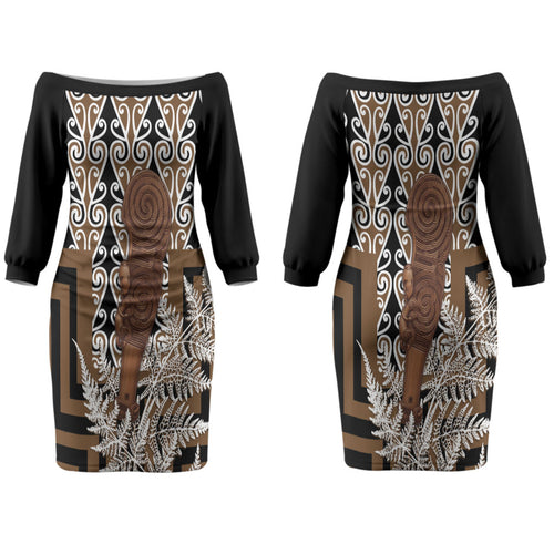 Wahaika New Zealand Couples Matching Off The Shoulder Long Sleeve Dress and Hawaiian Shirt Maori Weapon Kowhaiwhai Fern Poutama Motifs LT14