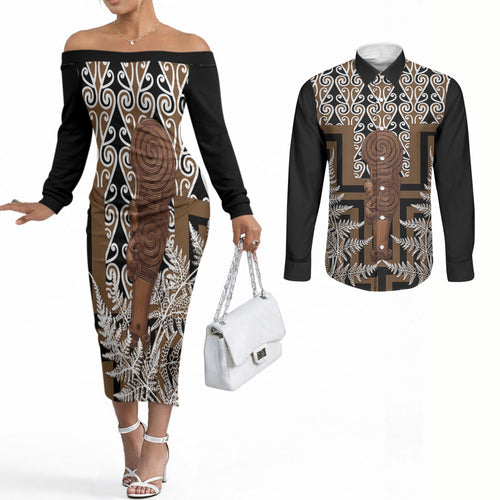 Wahaika New Zealand Couples Matching Off The Shoulder Long Sleeve Dress and Long Sleeve Button Shirt Maori Weapon Kowhaiwhai Fern Poutama Motifs