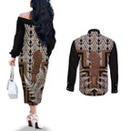 Wahaika New Zealand Couples Matching Off The Shoulder Long Sleeve Dress and Long Sleeve Button Shirt Maori Weapon Kowhaiwhai Fern Poutama Motifs