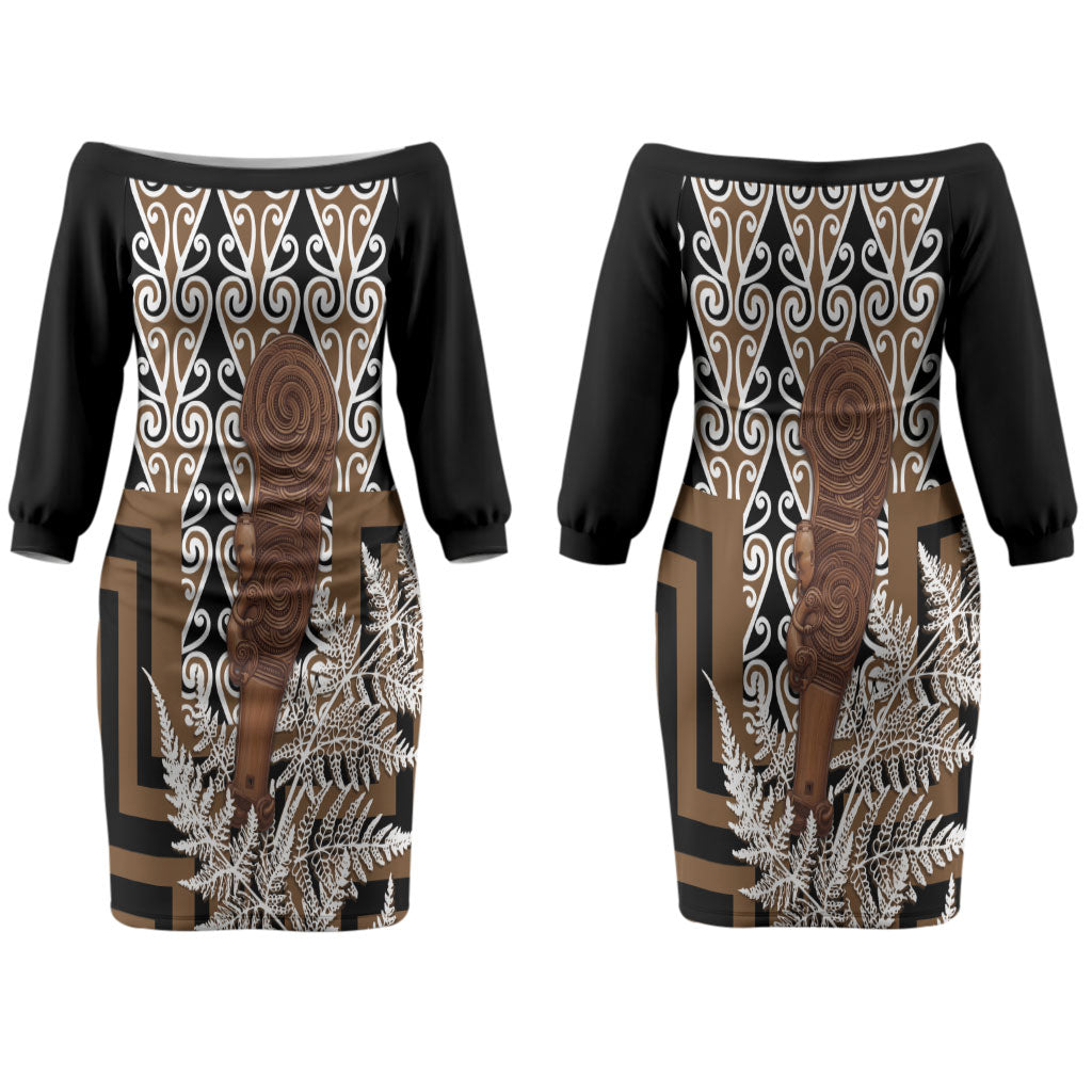 Wahaika New Zealand Couples Matching Off The Shoulder Long Sleeve Dress and Long Sleeve Button Shirt Maori Weapon Kowhaiwhai Fern Poutama Motifs LT14