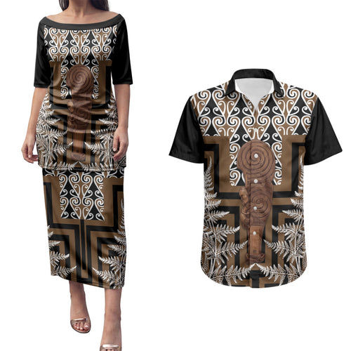Wahaika New Zealand Couples Matching Puletasi and Hawaiian Shirt Maori Weapon Kowhaiwhai Fern Poutama Motifs