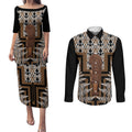 Wahaika New Zealand Couples Matching Puletasi and Long Sleeve Button Shirt Maori Weapon Kowhaiwhai Fern Poutama Motifs