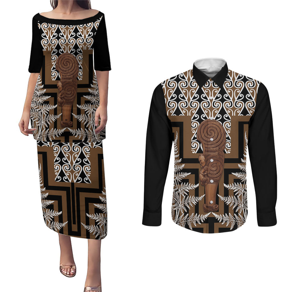 Wahaika New Zealand Couples Matching Puletasi and Long Sleeve Button Shirt Maori Weapon Kowhaiwhai Fern Poutama Motifs