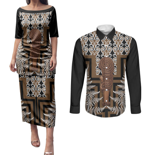 Wahaika New Zealand Couples Matching Puletasi and Long Sleeve Button Shirt Maori Weapon Kowhaiwhai Fern Poutama Motifs