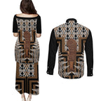 Wahaika New Zealand Couples Matching Puletasi and Long Sleeve Button Shirt Maori Weapon Kowhaiwhai Fern Poutama Motifs