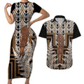 Wahaika New Zealand Couples Matching Short Sleeve Bodycon Dress and Hawaiian Shirt Maori Weapon Kowhaiwhai Fern Poutama Motifs