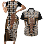Wahaika New Zealand Couples Matching Short Sleeve Bodycon Dress and Hawaiian Shirt Maori Weapon Kowhaiwhai Fern Poutama Motifs
