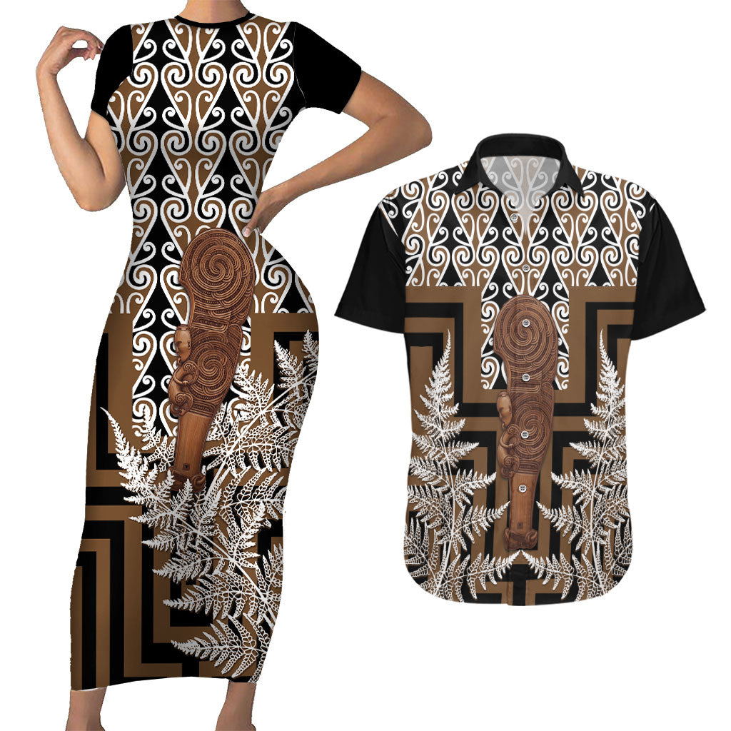 Wahaika New Zealand Couples Matching Short Sleeve Bodycon Dress and Hawaiian Shirt Maori Weapon Kowhaiwhai Fern Poutama Motifs