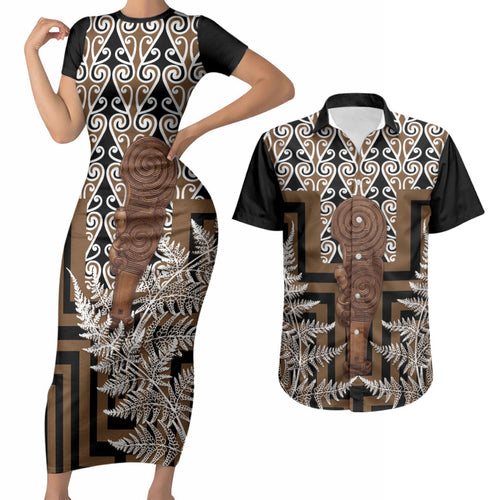 Wahaika New Zealand Couples Matching Short Sleeve Bodycon Dress and Hawaiian Shirt Maori Weapon Kowhaiwhai Fern Poutama Motifs