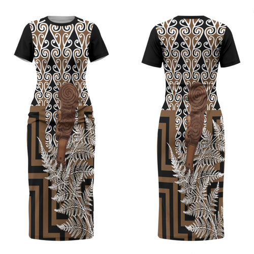 Wahaika New Zealand Couples Matching Short Sleeve Bodycon Dress and Hawaiian Shirt Maori Weapon Kowhaiwhai Fern Poutama Motifs LT14