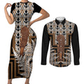 Wahaika New Zealand Couples Matching Short Sleeve Bodycon Dress and Long Sleeve Button Shirt Maori Weapon Kowhaiwhai Fern Poutama Motifs