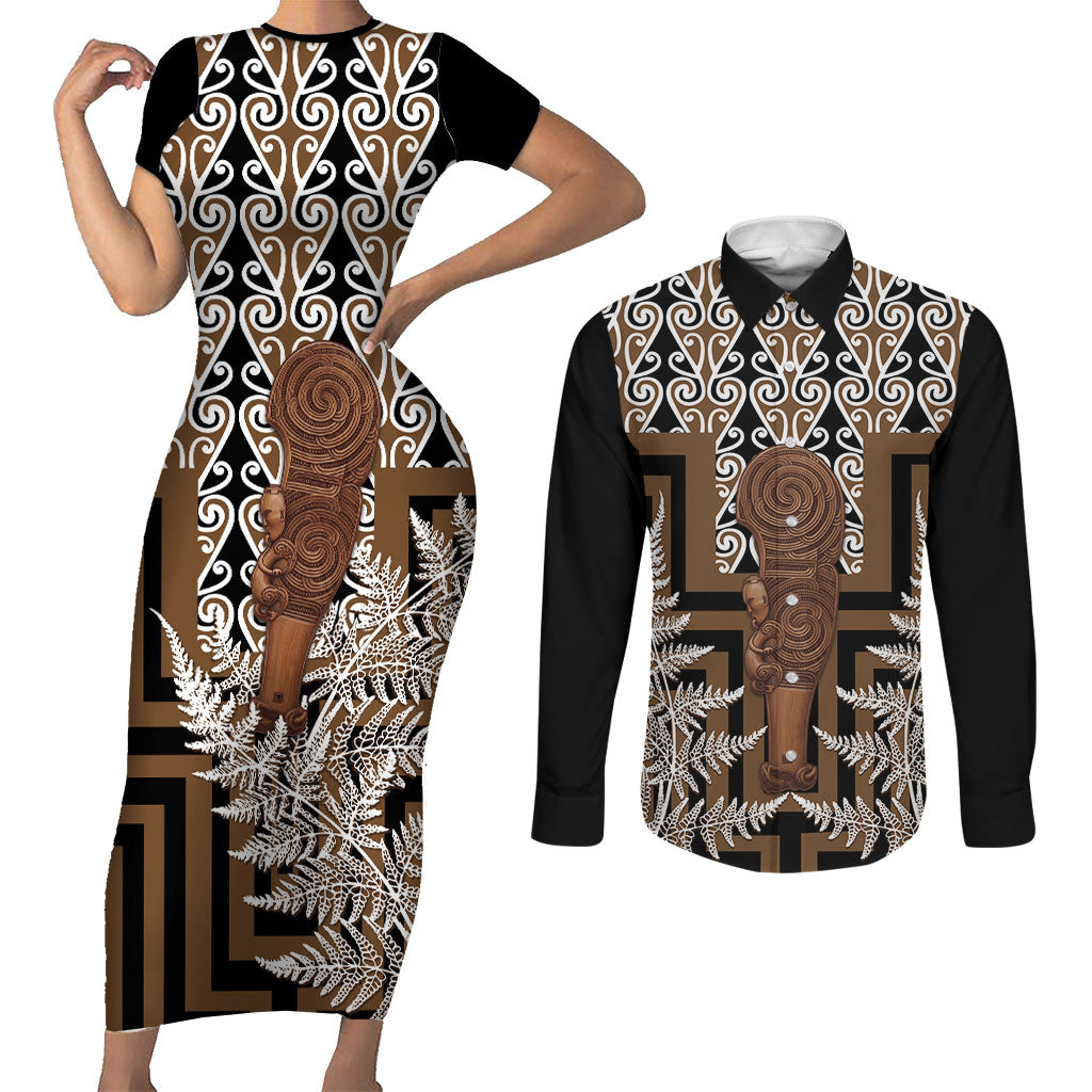 Wahaika New Zealand Couples Matching Short Sleeve Bodycon Dress and Long Sleeve Button Shirt Maori Weapon Kowhaiwhai Fern Poutama Motifs