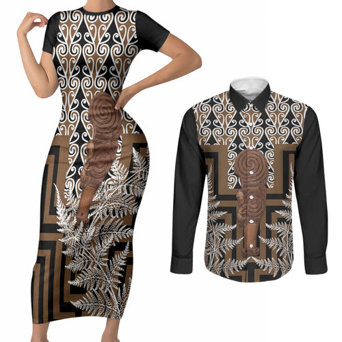Wahaika New Zealand Couples Matching Short Sleeve Bodycon Dress and Long Sleeve Button Shirt Maori Weapon Kowhaiwhai Fern Poutama Motifs