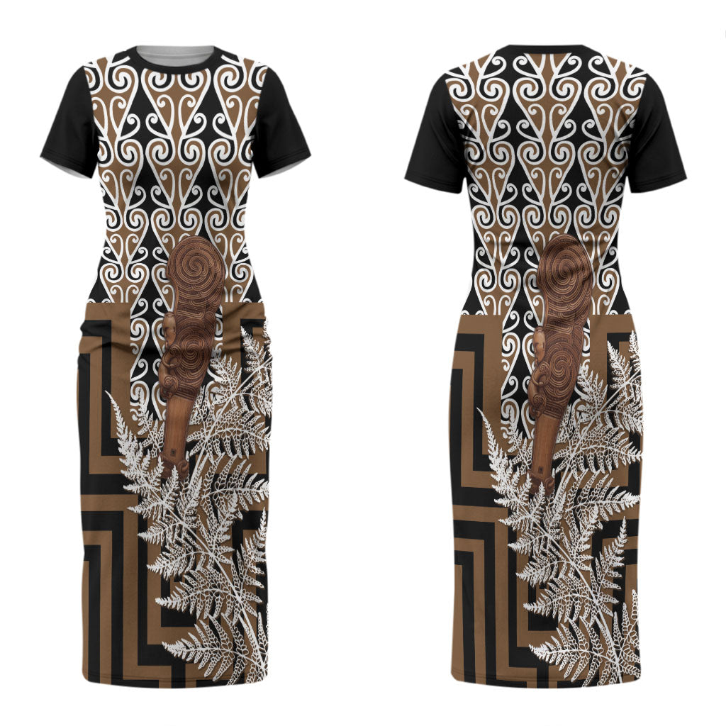 Wahaika New Zealand Couples Matching Short Sleeve Bodycon Dress and Long Sleeve Button Shirt Maori Weapon Kowhaiwhai Fern Poutama Motifs LT14