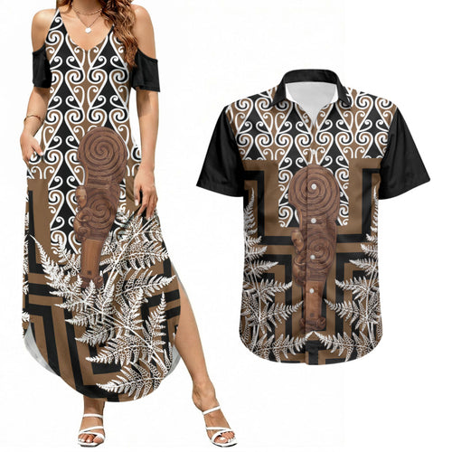 Wahaika New Zealand Couples Matching Summer Maxi Dress and Hawaiian Shirt Maori Weapon Kowhaiwhai Fern Poutama Motifs