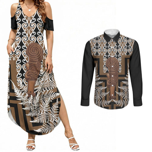 Wahaika New Zealand Couples Matching Summer Maxi Dress and Long Sleeve Button Shirt Maori Weapon Kowhaiwhai Fern Poutama Motifs