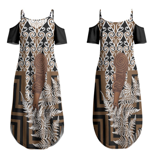 Wahaika New Zealand Couples Matching Summer Maxi Dress and Long Sleeve Button Shirt Maori Weapon Kowhaiwhai Fern Poutama Motifs LT14