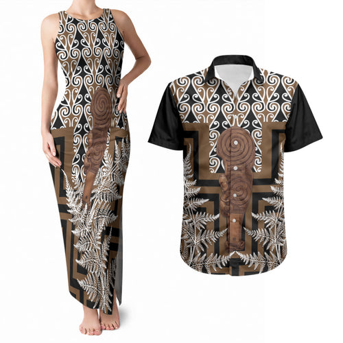Wahaika New Zealand Couples Matching Tank Maxi Dress and Hawaiian Shirt Maori Weapon Kowhaiwhai Fern Poutama Motifs