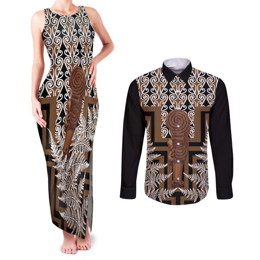 Wahaika New Zealand Couples Matching Tank Maxi Dress and Long Sleeve Button Shirt Maori Weapon Kowhaiwhai Fern Poutama Motifs