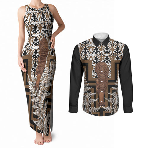 Wahaika New Zealand Couples Matching Tank Maxi Dress and Long Sleeve Button Shirt Maori Weapon Kowhaiwhai Fern Poutama Motifs