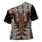 Wahaika New Zealand Cross Shoulder Shirt Maori Weapon Kowhaiwhai Fern Poutama Motifs